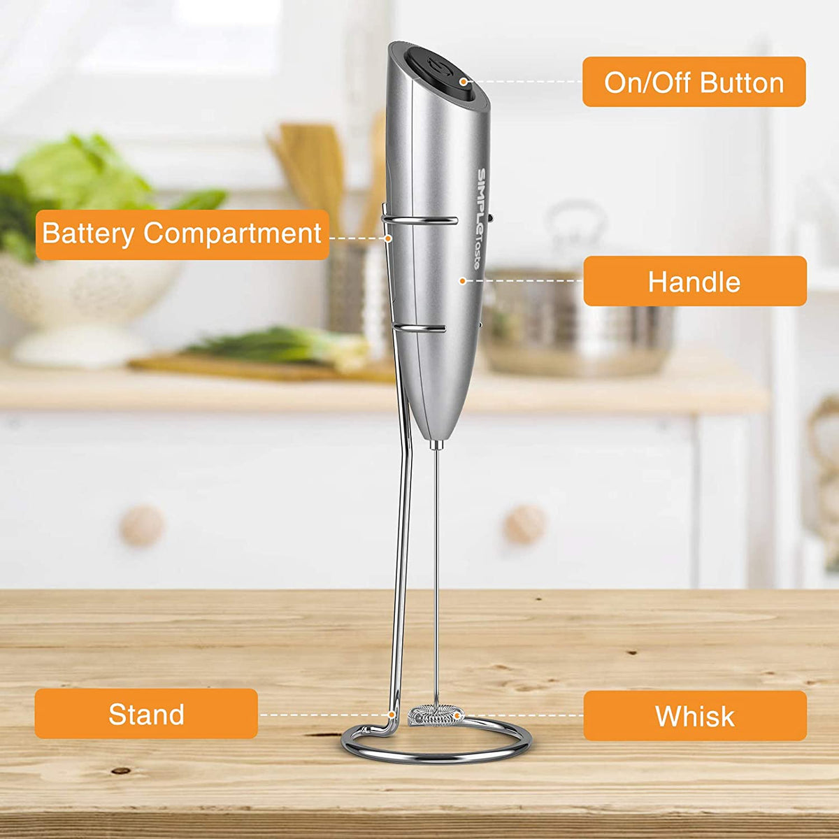 SIMPLETaste Electric Milk Frother, Automatic Battery Operated Foam Maker  and Drink Mixer with Stainless Steel Whisk and Foamer Cup